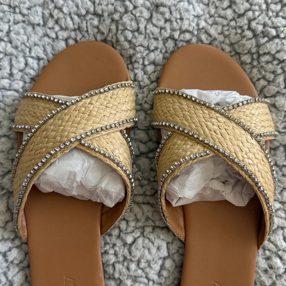 NIB J Crew Raffia Crisscross Slide Sandals With Rhinestone Lining